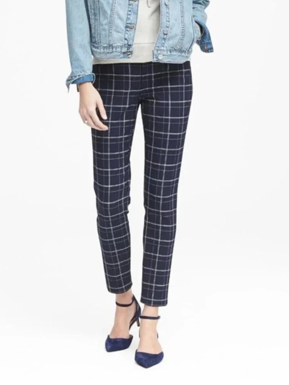 Banana Republic Plaid/Windowpane Sloan Pant, Navy, Gray, White, Size 4